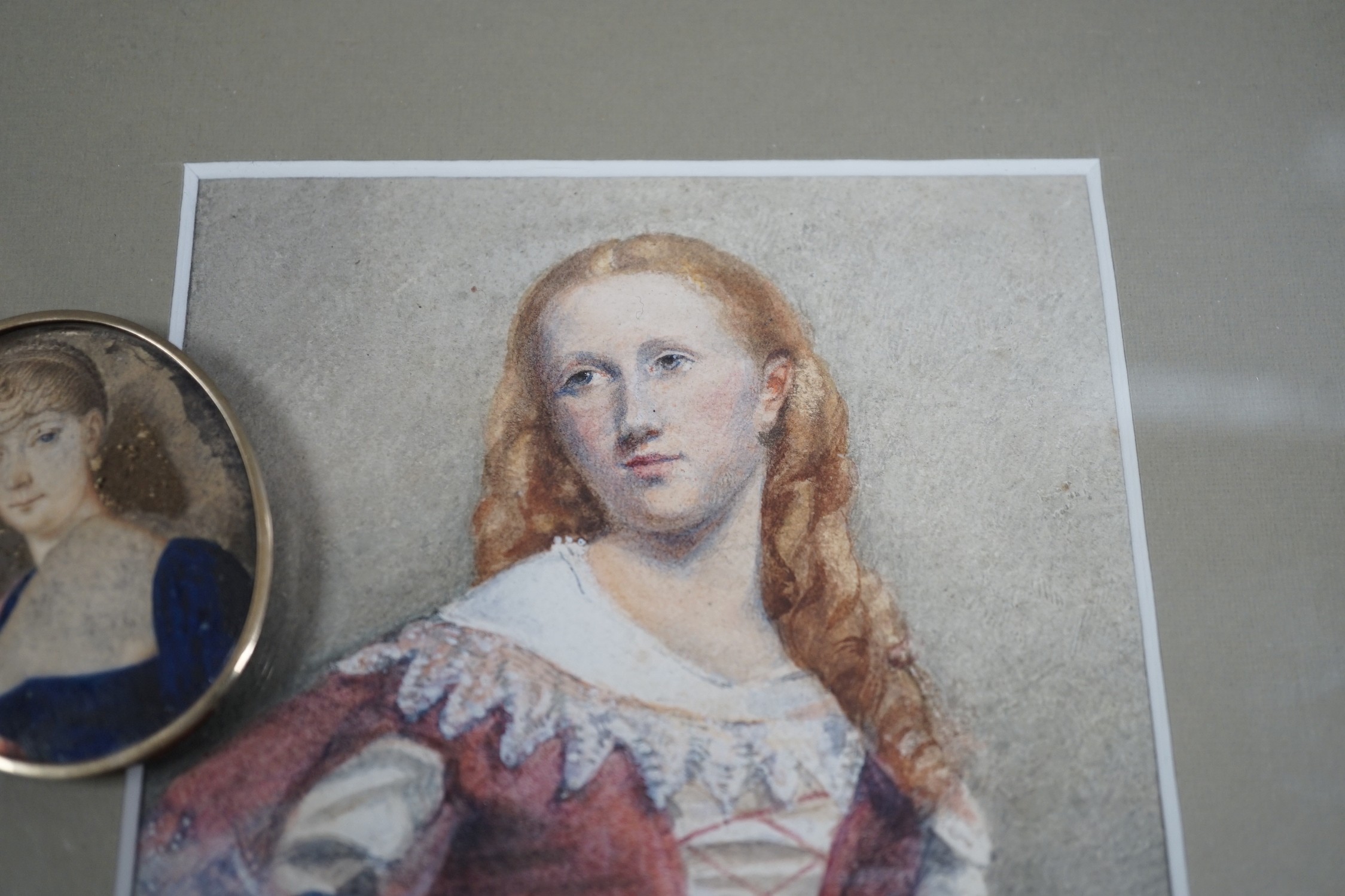 English school late 19th century, watercolour of a redheaded girl and a portrait miniature on card